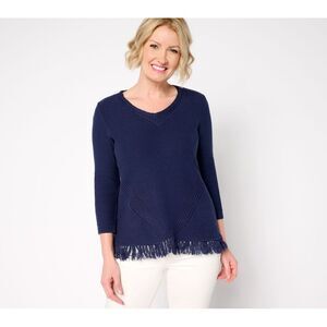 Susan Graver Women's Top Sweater Sz XS V-Neck Fringe Blue A685281